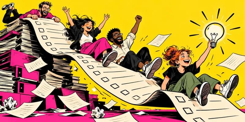 Comic illustration of coworkers sliding down an oversized checklist and catching a bright idea together.