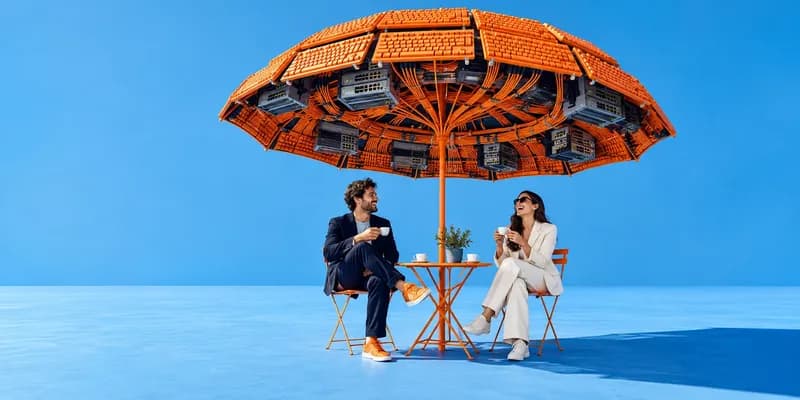 Surreal image of a consultant and customer enjoying coffee beneath an enormous umbrella made of keyboards, cables and servers.