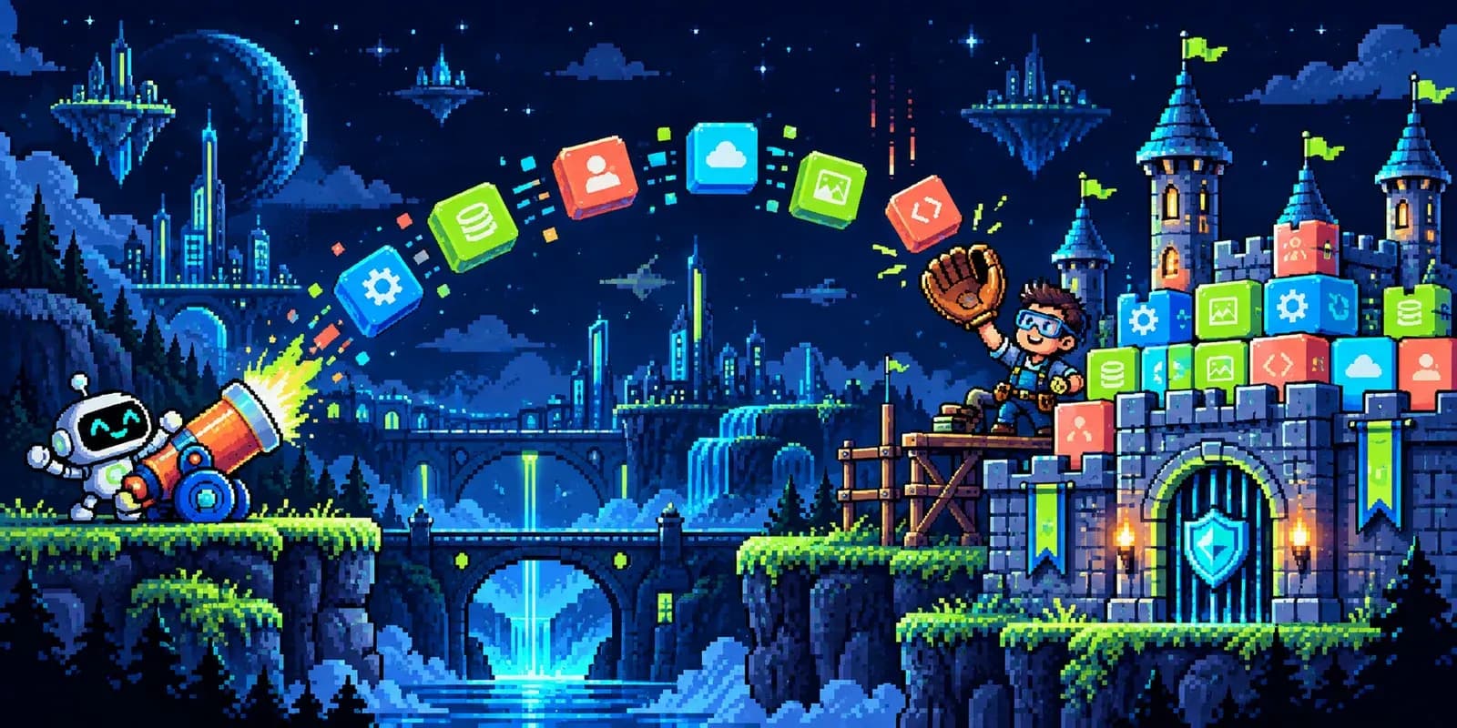 Pixel-art robot launches app blocks while an engineer catches them and builds a secure castle.