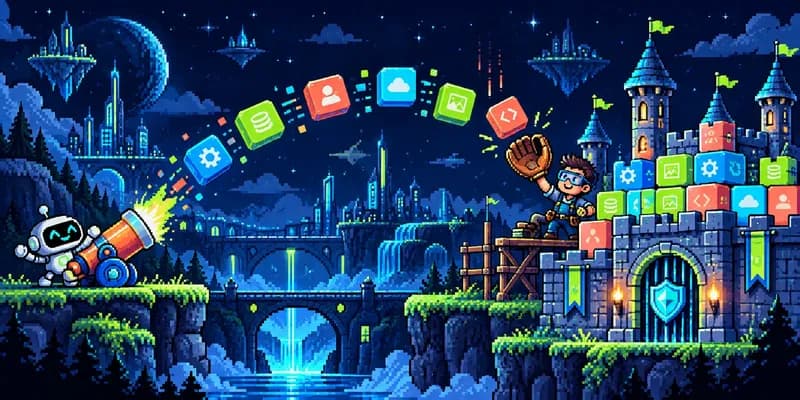 Pixel-art robot launches app blocks while an engineer catches them and builds a secure castle.